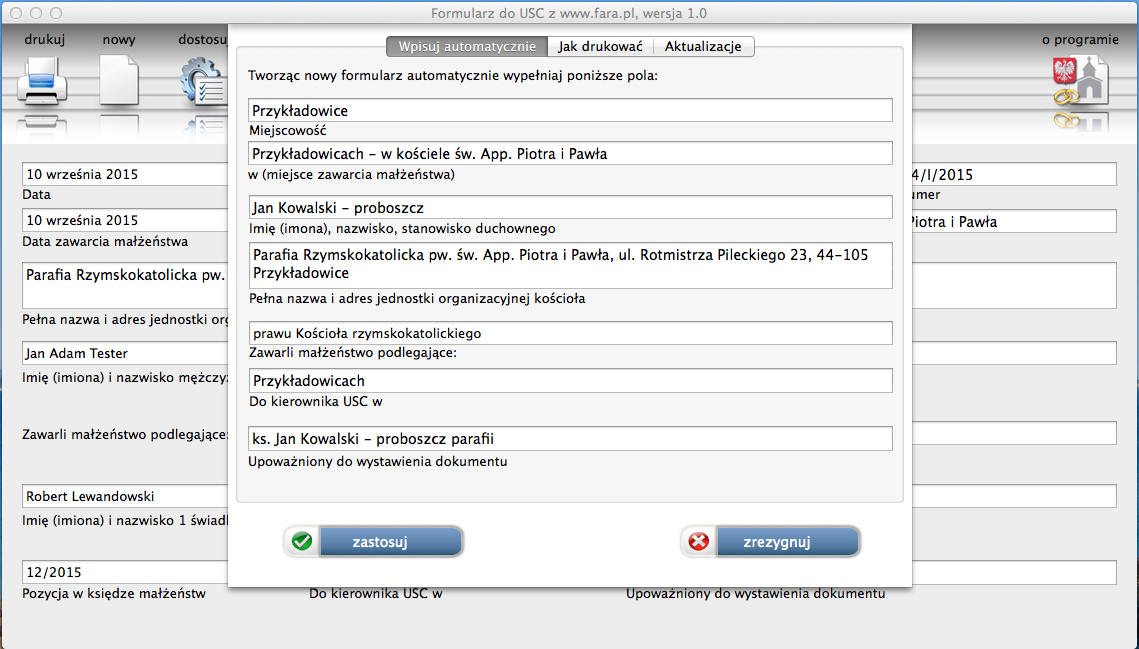 Fara-USC na komputery MAC - ekran opcji
